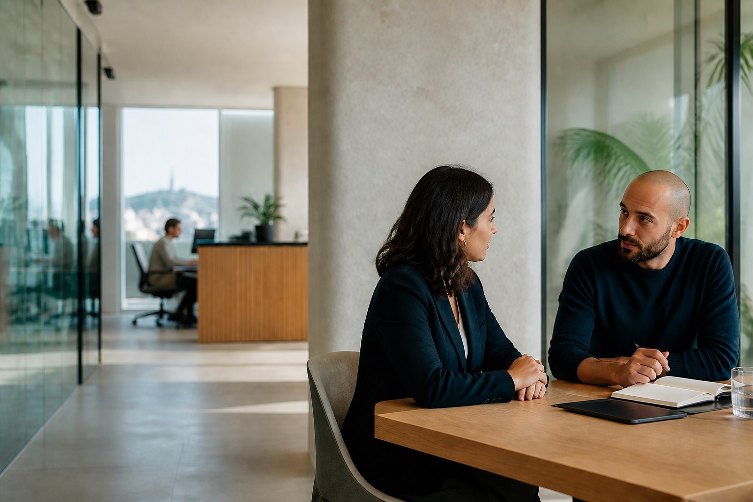 Imagen editorial de orientación profesional en una conversación laboral