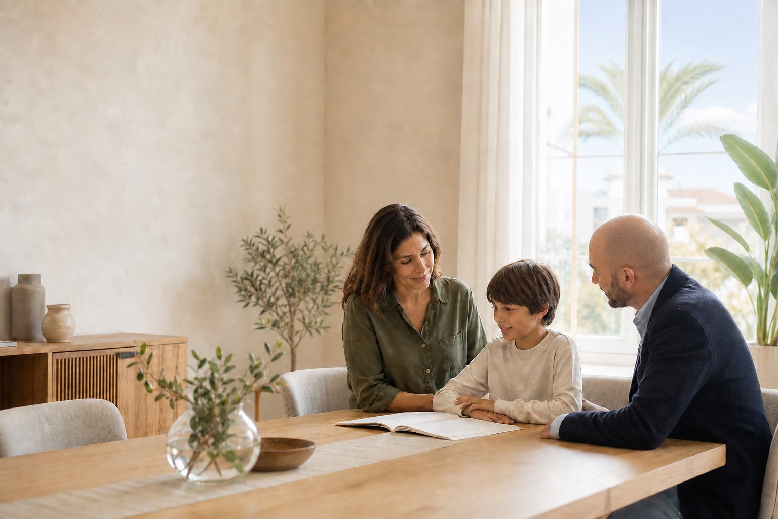 Imagen editorial de una familia acompañada en una conversación serena